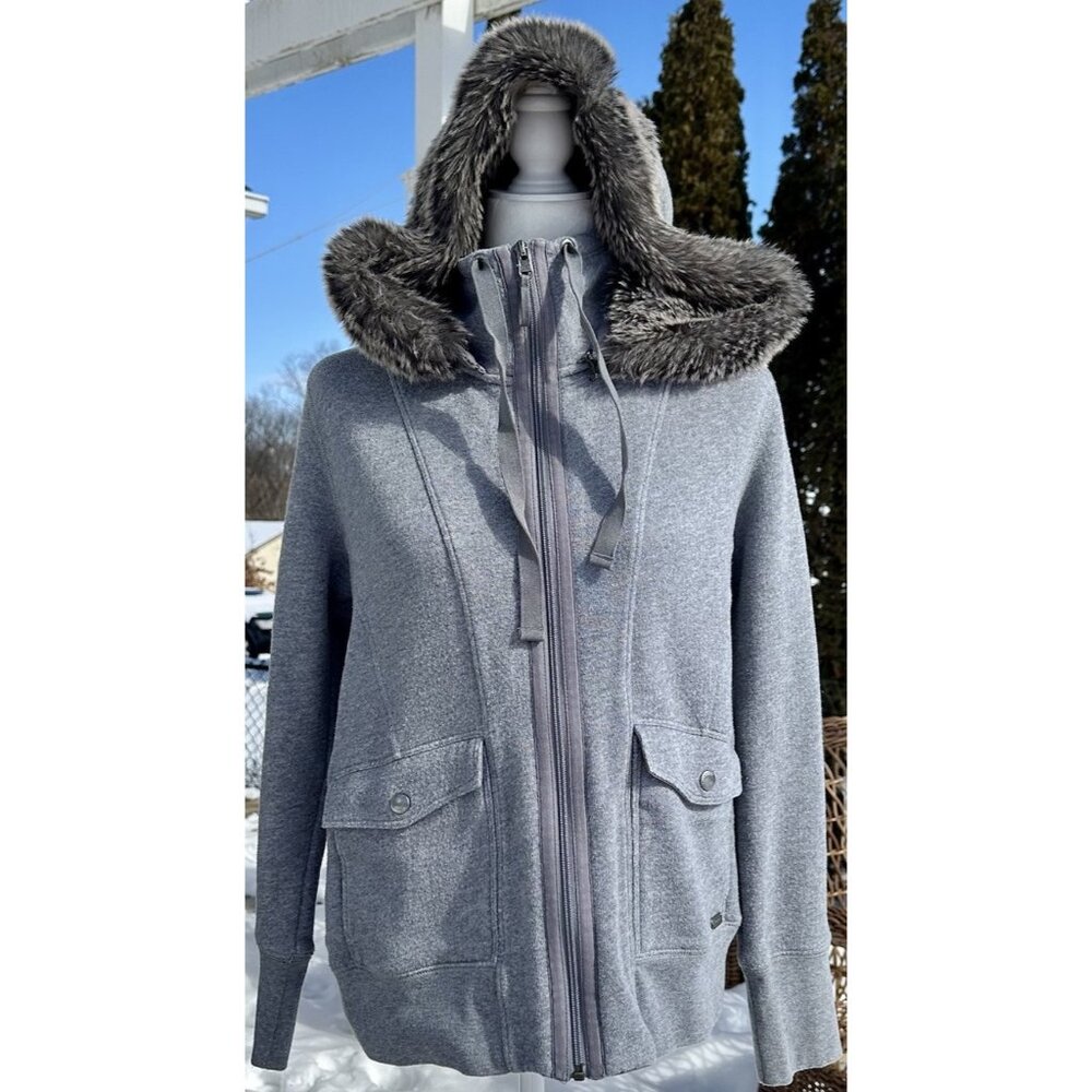 Eddie Bauer Outdoor Hoodie Size Med Grey Removable‎ Faux Fur Hood Jacket Y2K Ski